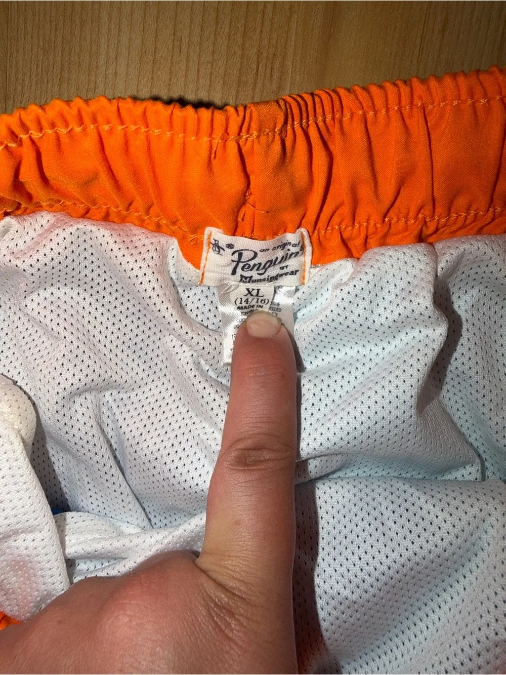 Original Penguin Men's Swim Trunks with Bright Orange Waistband and White Liner
